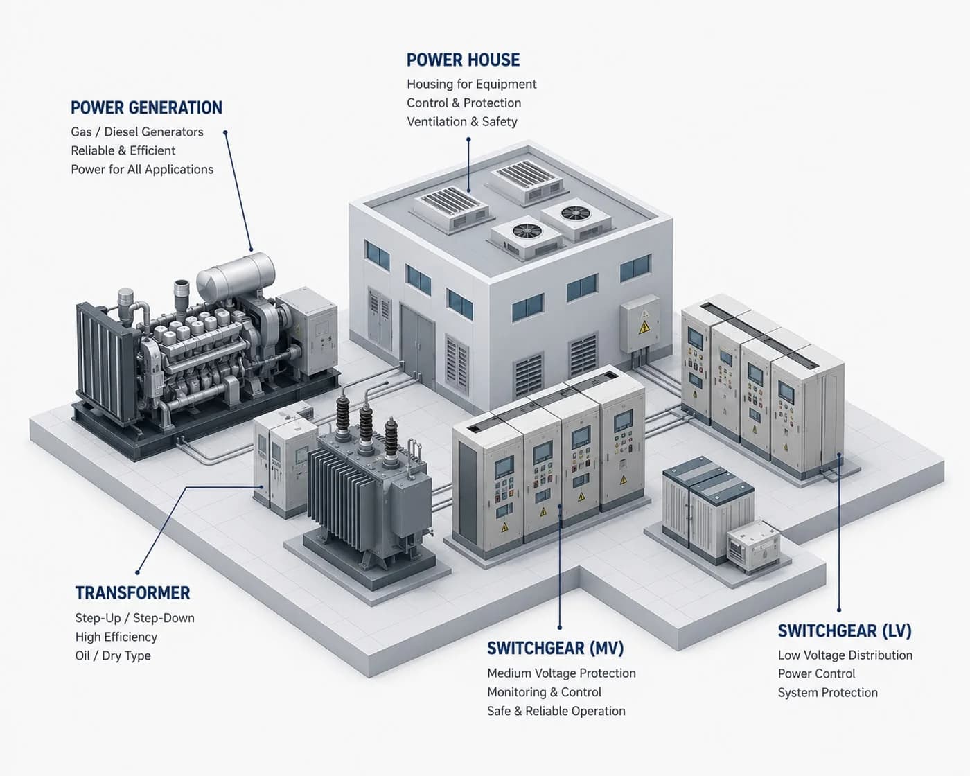 Isometric diagram of an integrated power solution — generation, transformer, MV and LV switchgear, power house and grid distribution